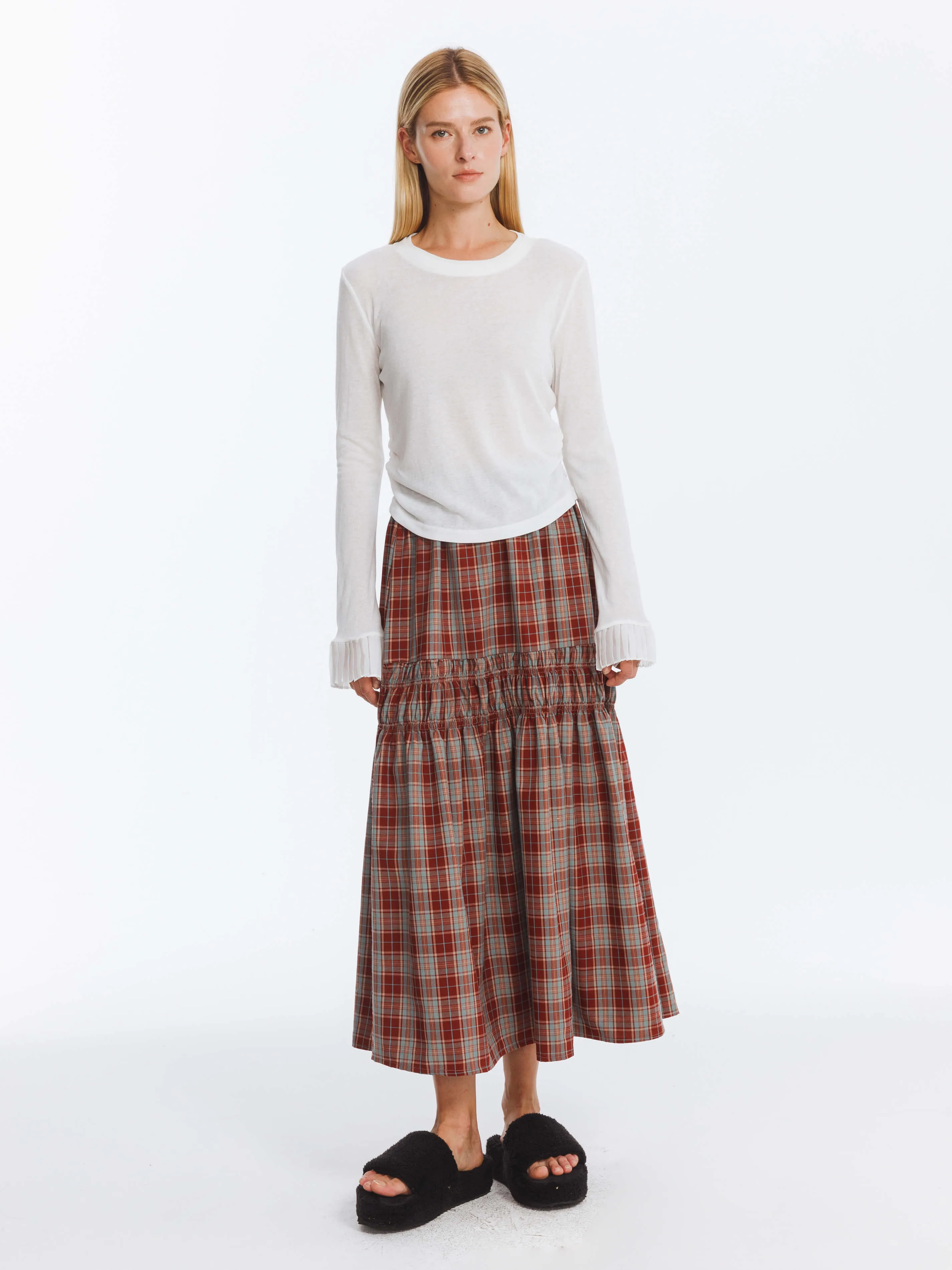 Elastic Drawstring High Waist Checked Skirt