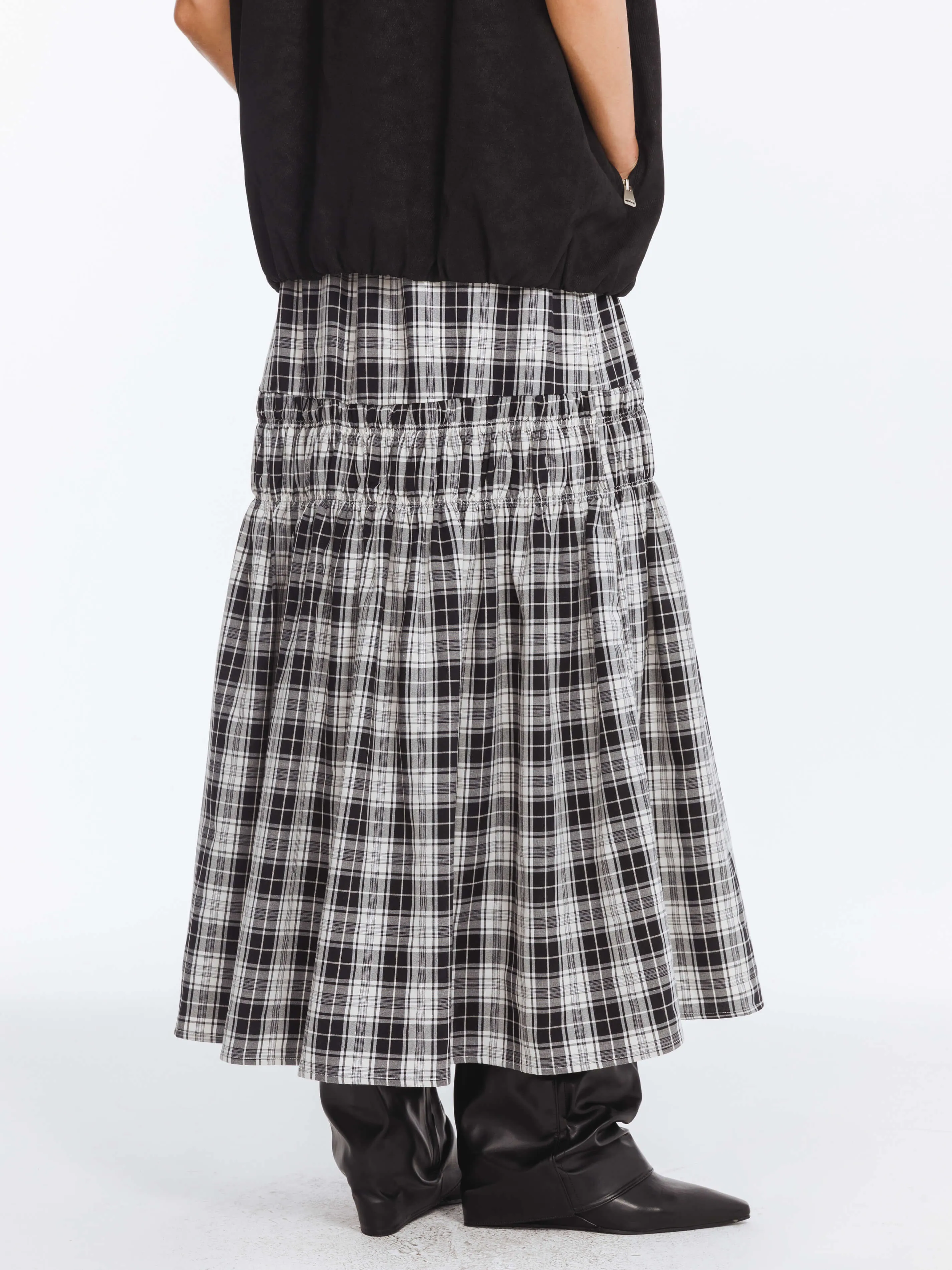 Elastic Drawstring High Waist Checked Skirt