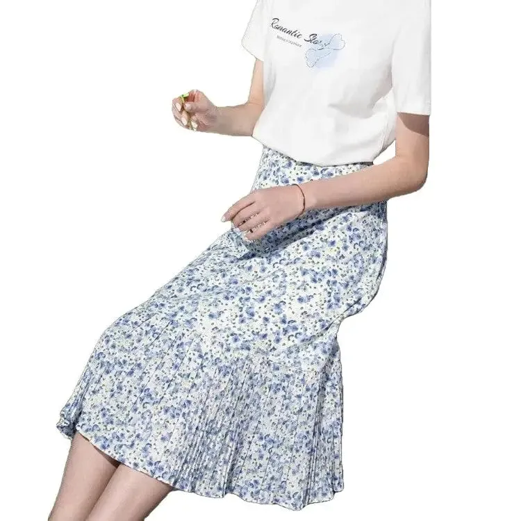 Elastic Waist A Line Floral Pleated Skirt