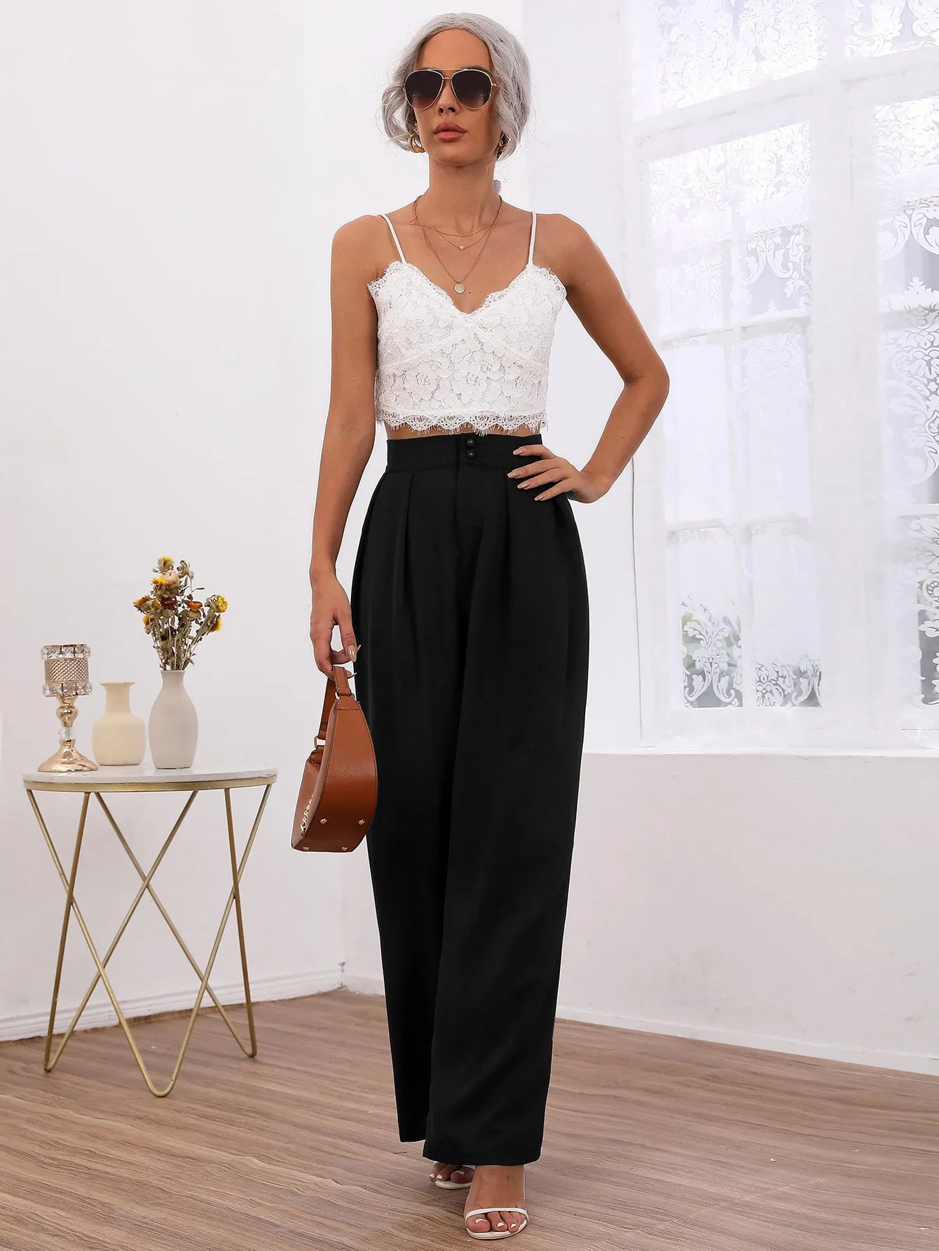 Elegant Plain Button Front High Waist Long Women Pants