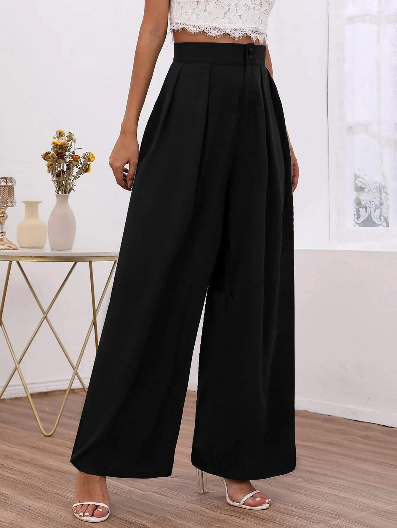 Elegant Plain Button Front High Waist Long Women Pants