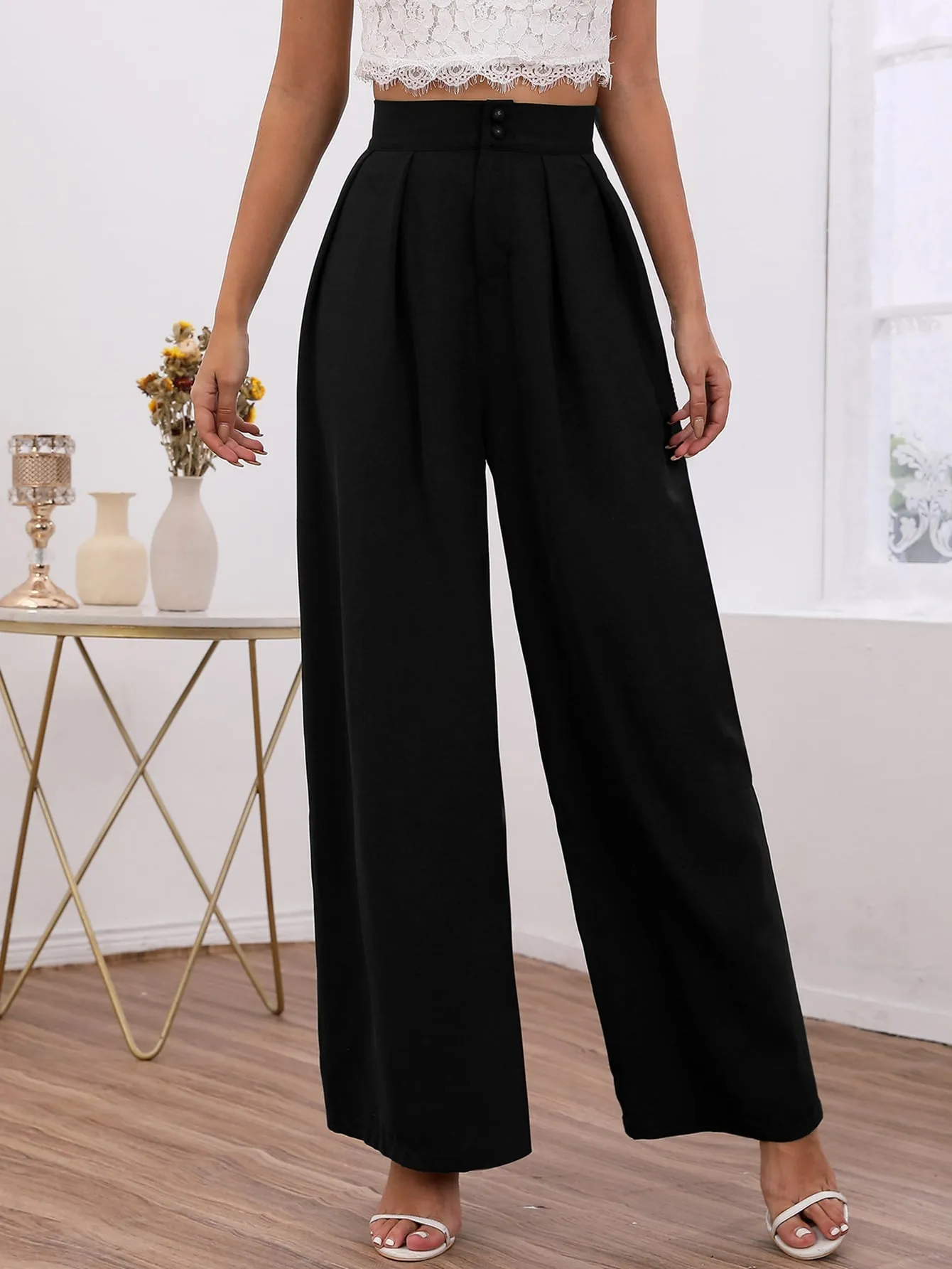 Elegant Plain Button Front High Waist Long Women Pants