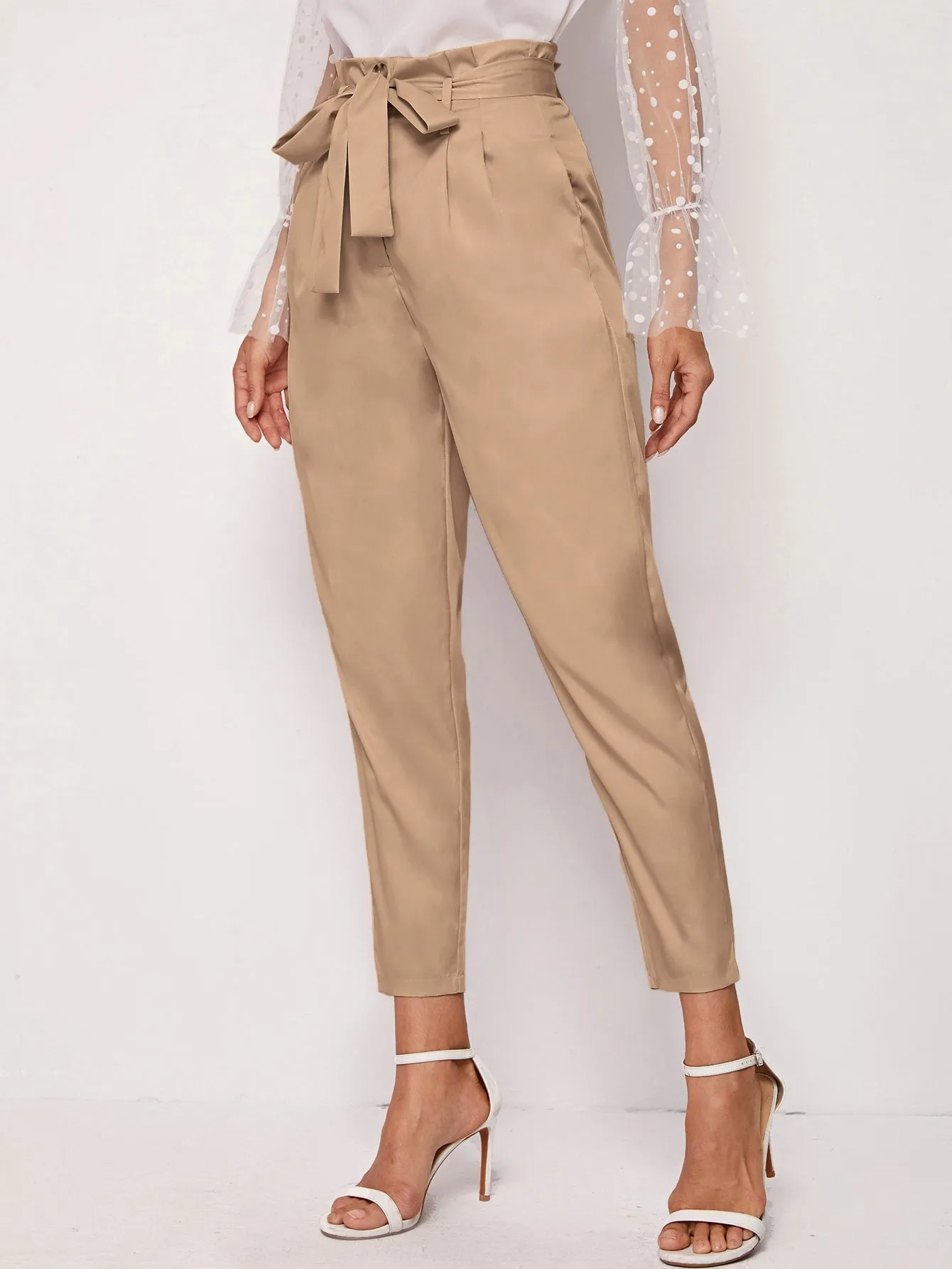 Elegant Plain Paper Bag Waist High Waist Long Women Pants