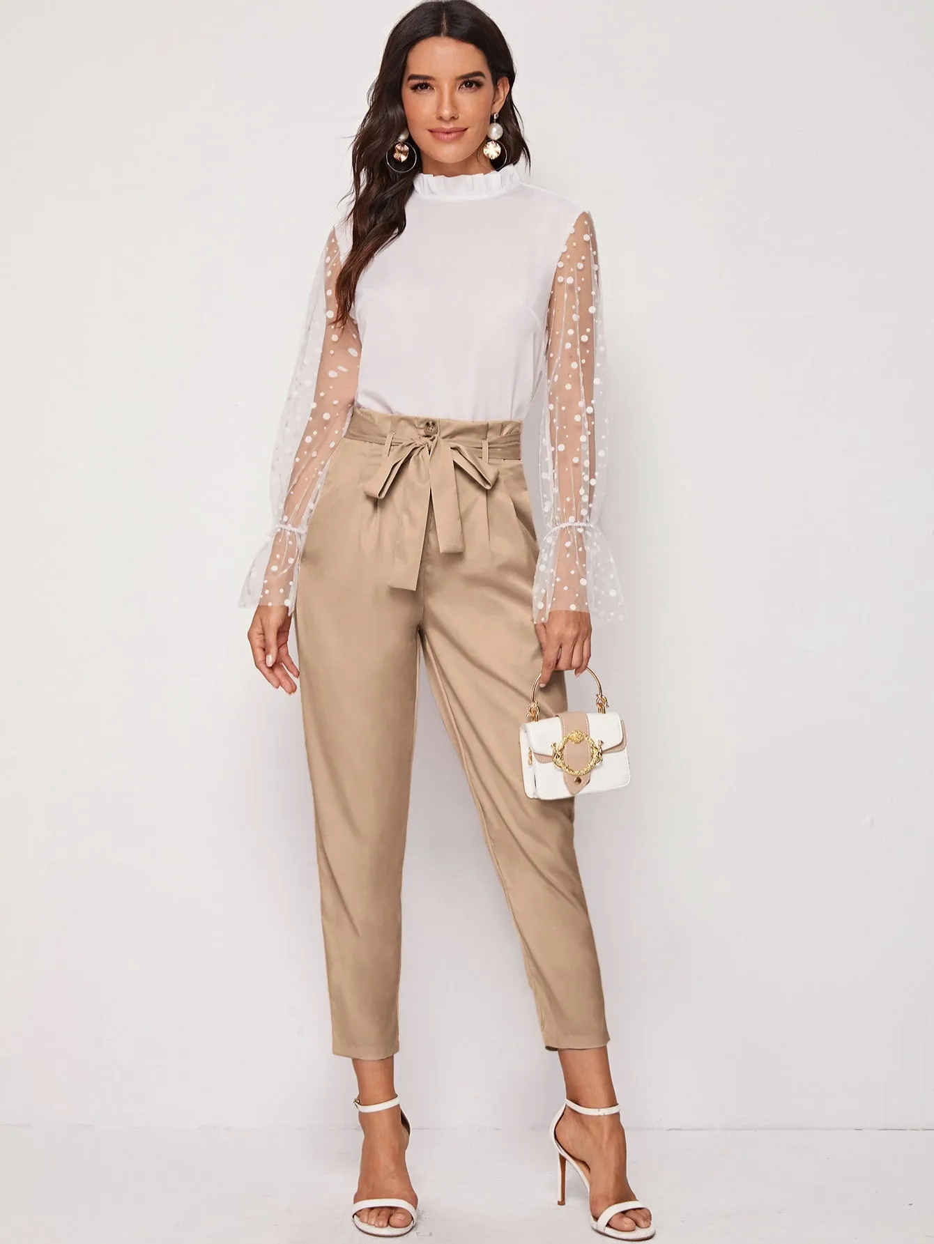 Elegant Plain Paper Bag Waist High Waist Long Women Pants