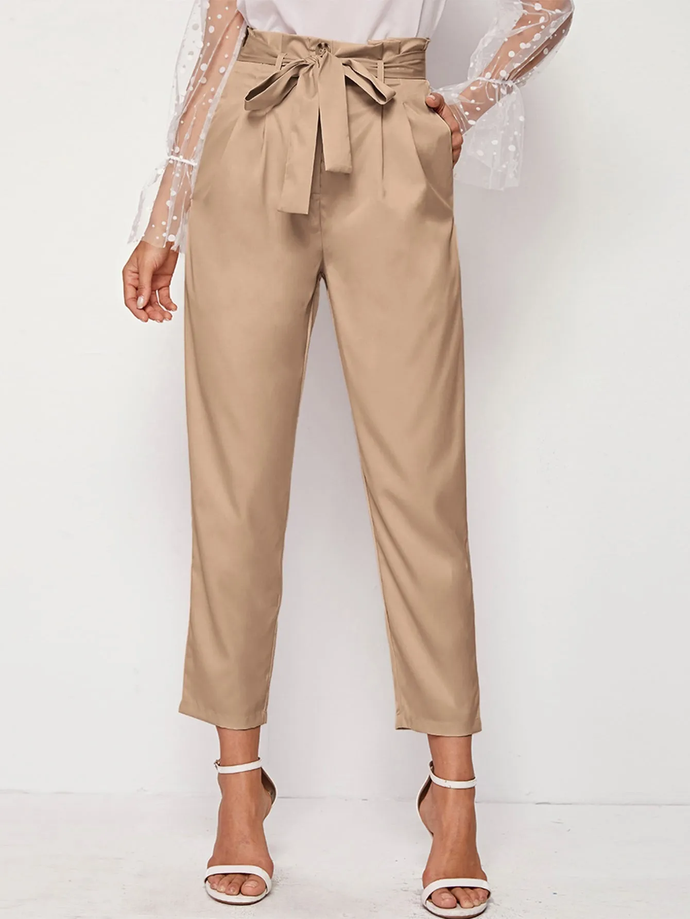 Elegant Plain Paper Bag Waist High Waist Long Women Pants