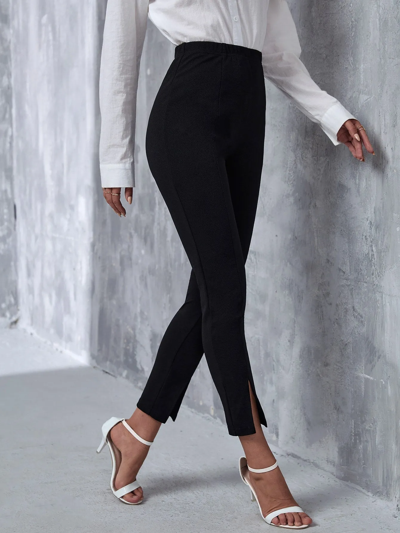 Elegant Plain Split High Waist Cropped Women Pants