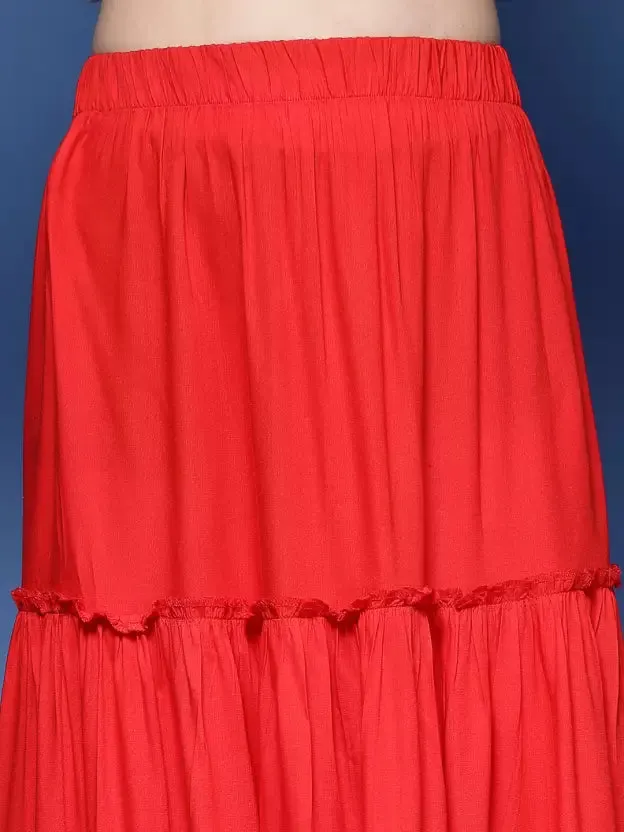 Elegant Red Tiered Flared Skirt