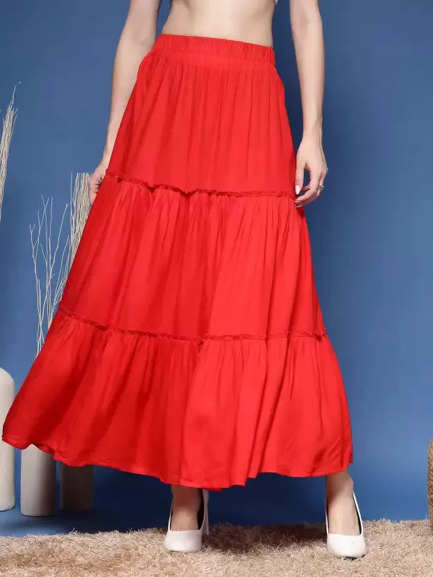 Elegant Red Tiered Flared Skirt