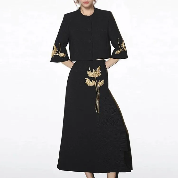 Embroidered Two Piece Set For Women O Neck Long Sleeve Spliced Button Tops High Waist Skirt Elegant Sets Female New