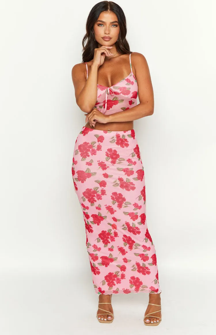 Emz Pink Floral Mesh Midi Skirt