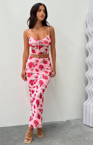 Emz Pink Floral Mesh Midi Skirt