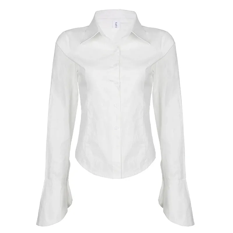 Fashion Chic White Flare Sleeve Basic Women Blouses Tops Button Up Solid Korean Style Shirt Cardigan Turn-Down Collar