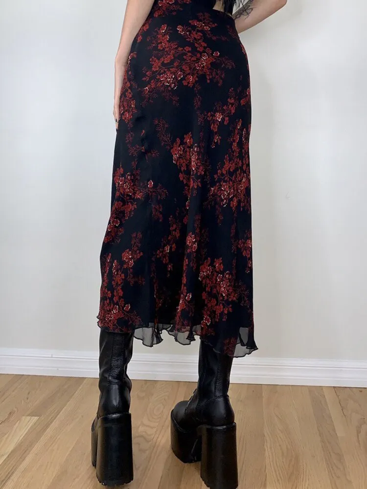 Floral Printed Double Layer Long Skirt