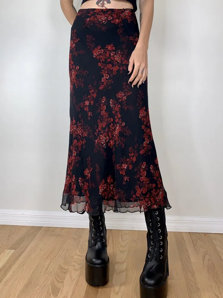 Floral Printed Double Layer Long Skirt