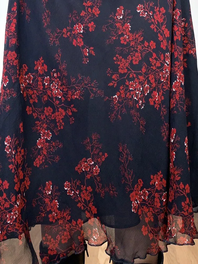 Floral Printed Double Layer Long Skirt