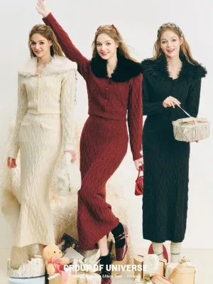 Fur Collar Twist Knitted Cardigan ＆ Long Skirt