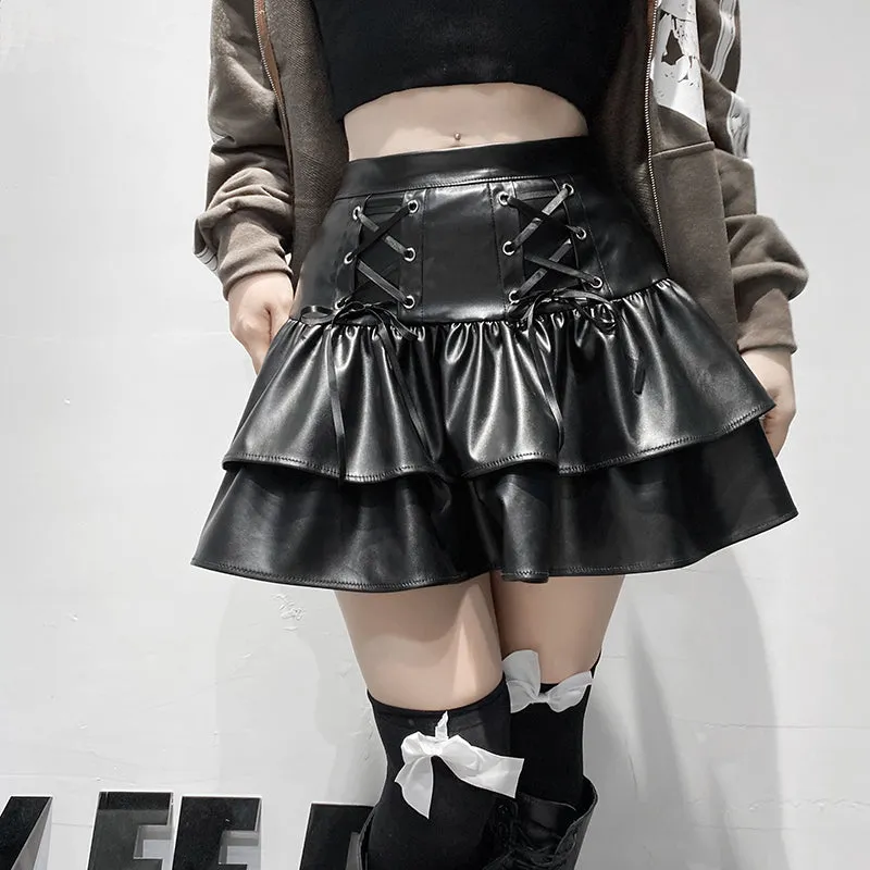 Gothic Bow Cross Leather Black Mini Skirt