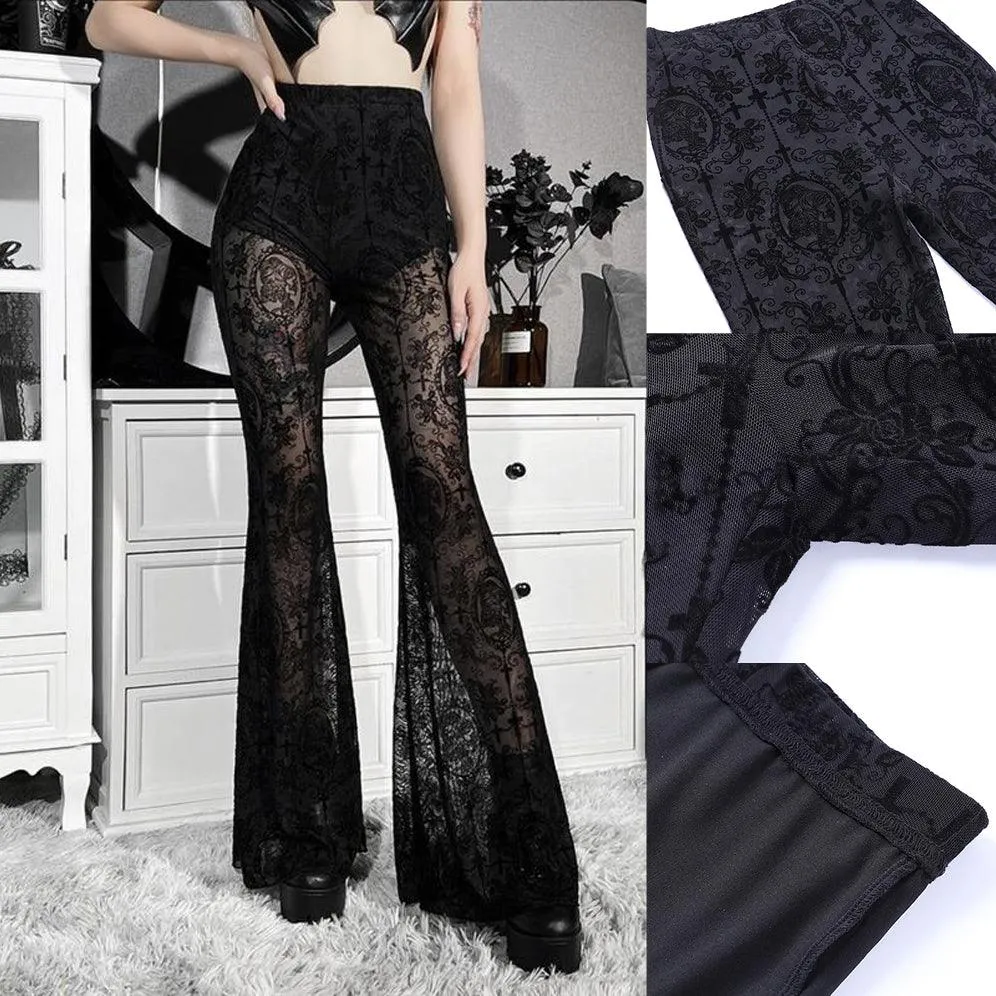 Gothic Floral Flare, Sexy See Through Wide Pants For Women