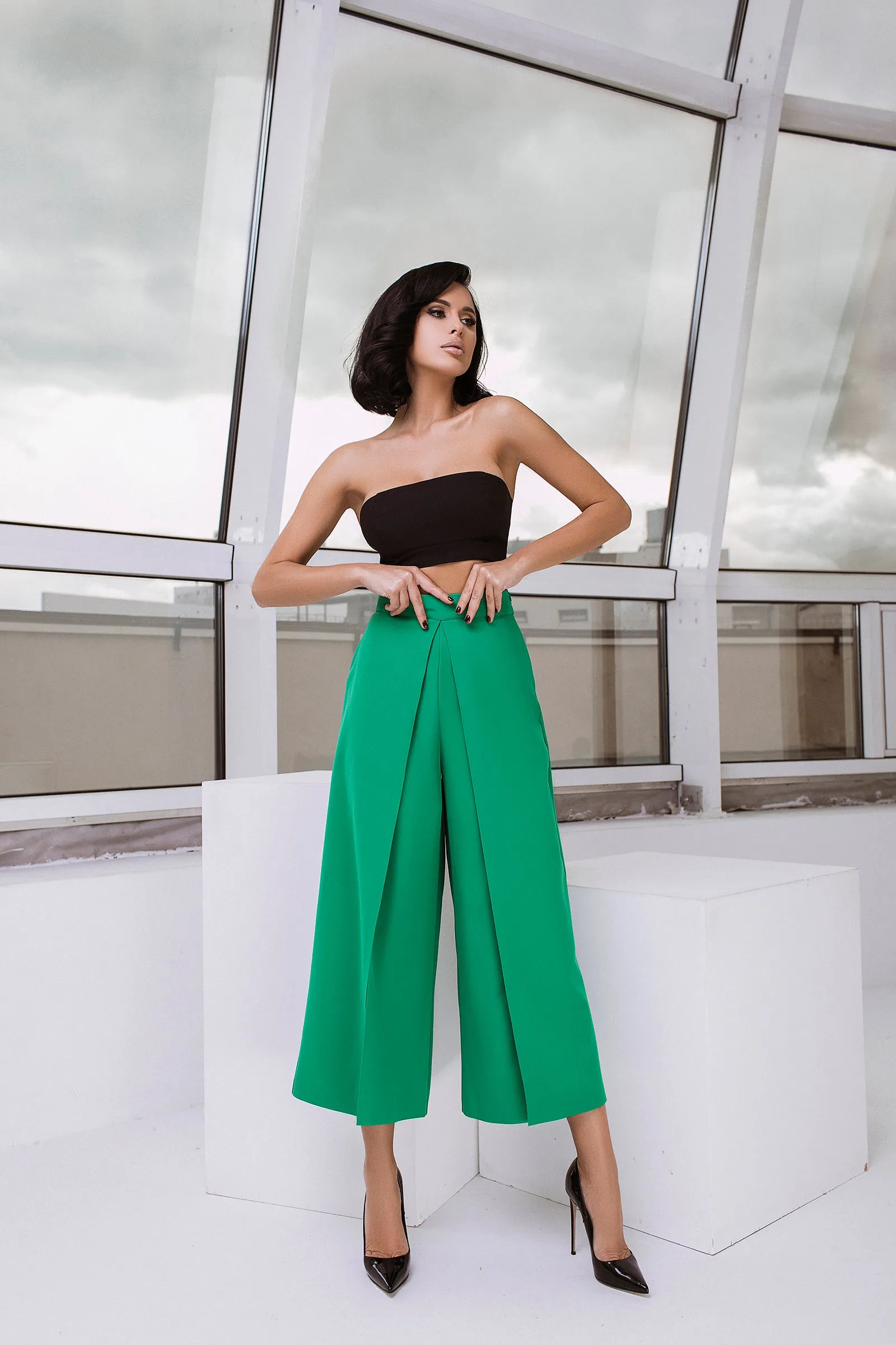 Green High Waist Slit Cuff Сulottes