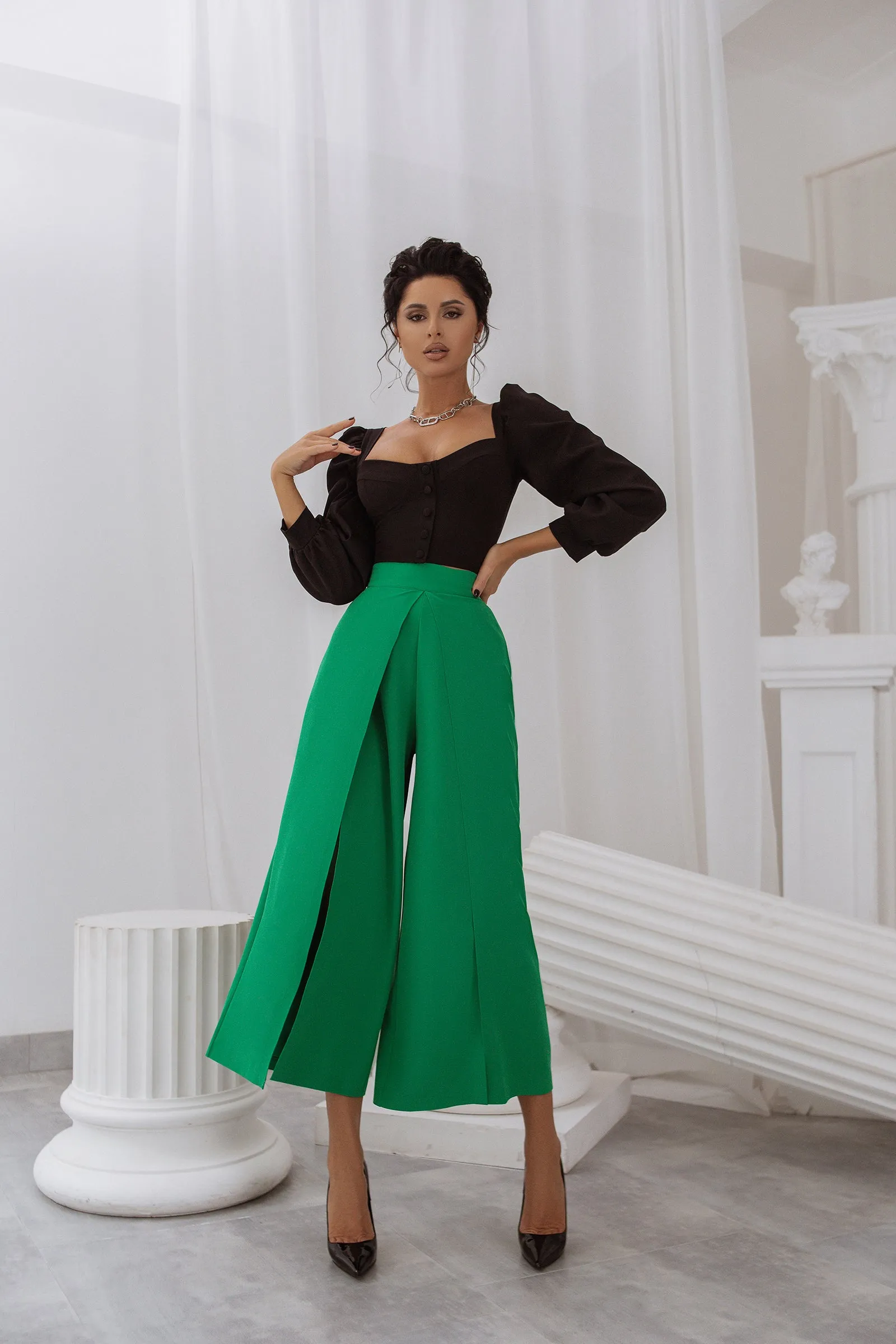 Green High Waist Slit Cuff Сulottes