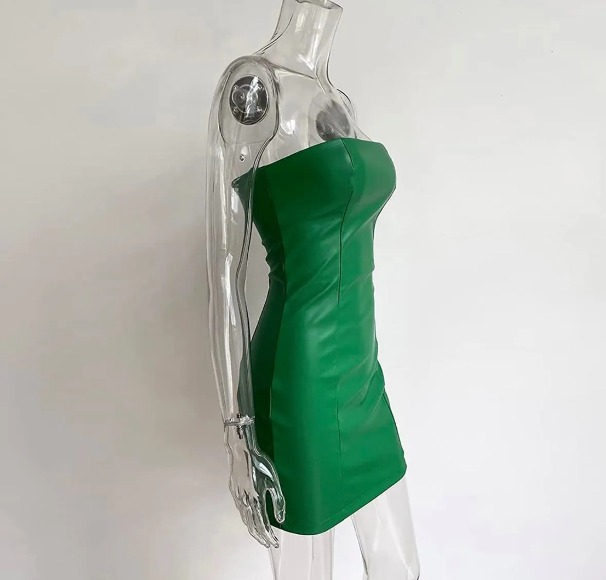 GREEN LEATHER MINI DRESS