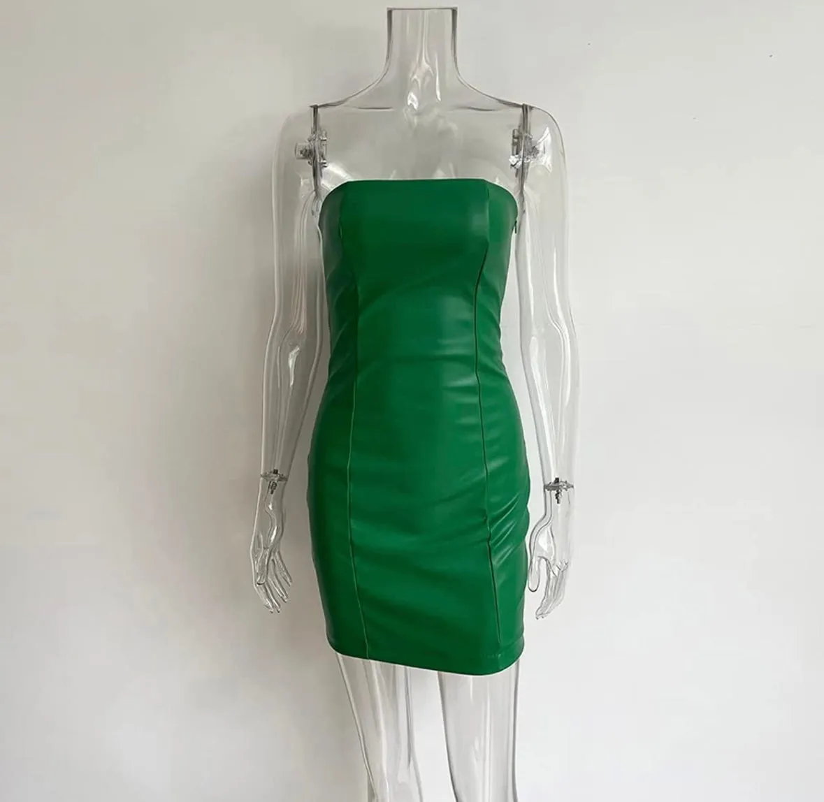 GREEN LEATHER MINI DRESS