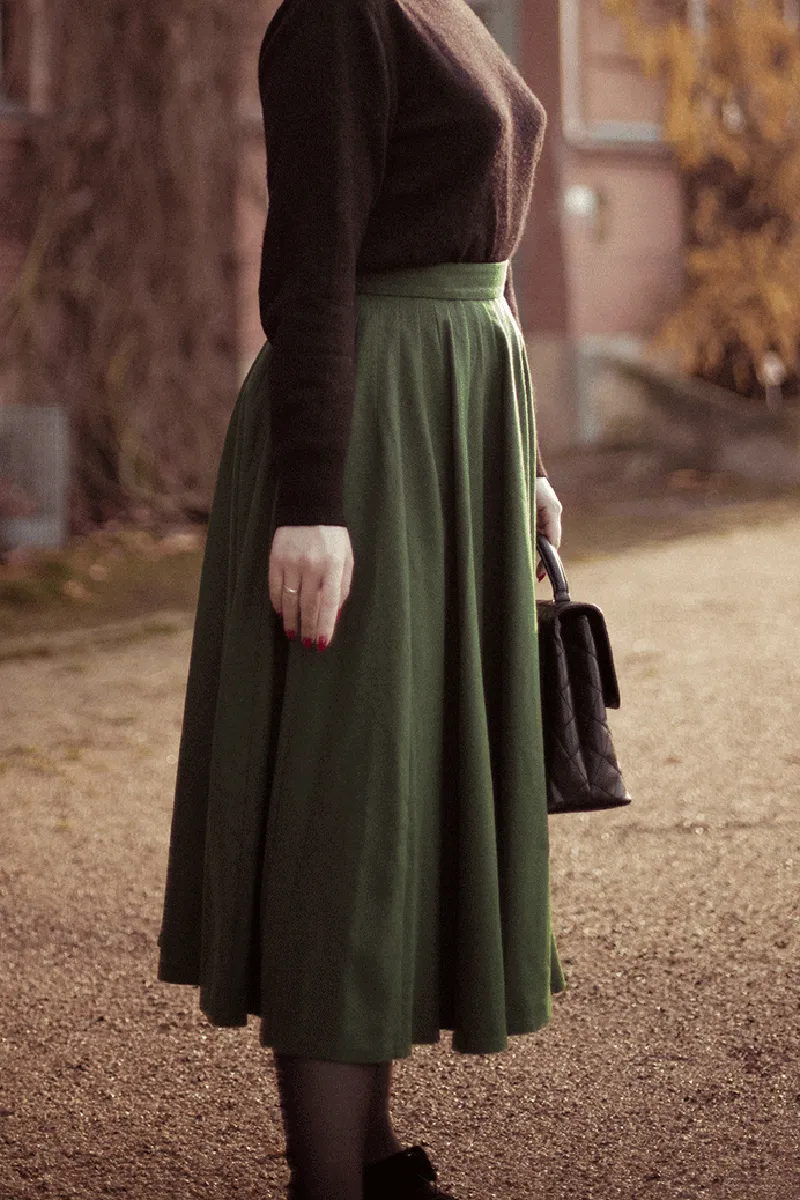 Green Midi Wool Skirt Women 4738