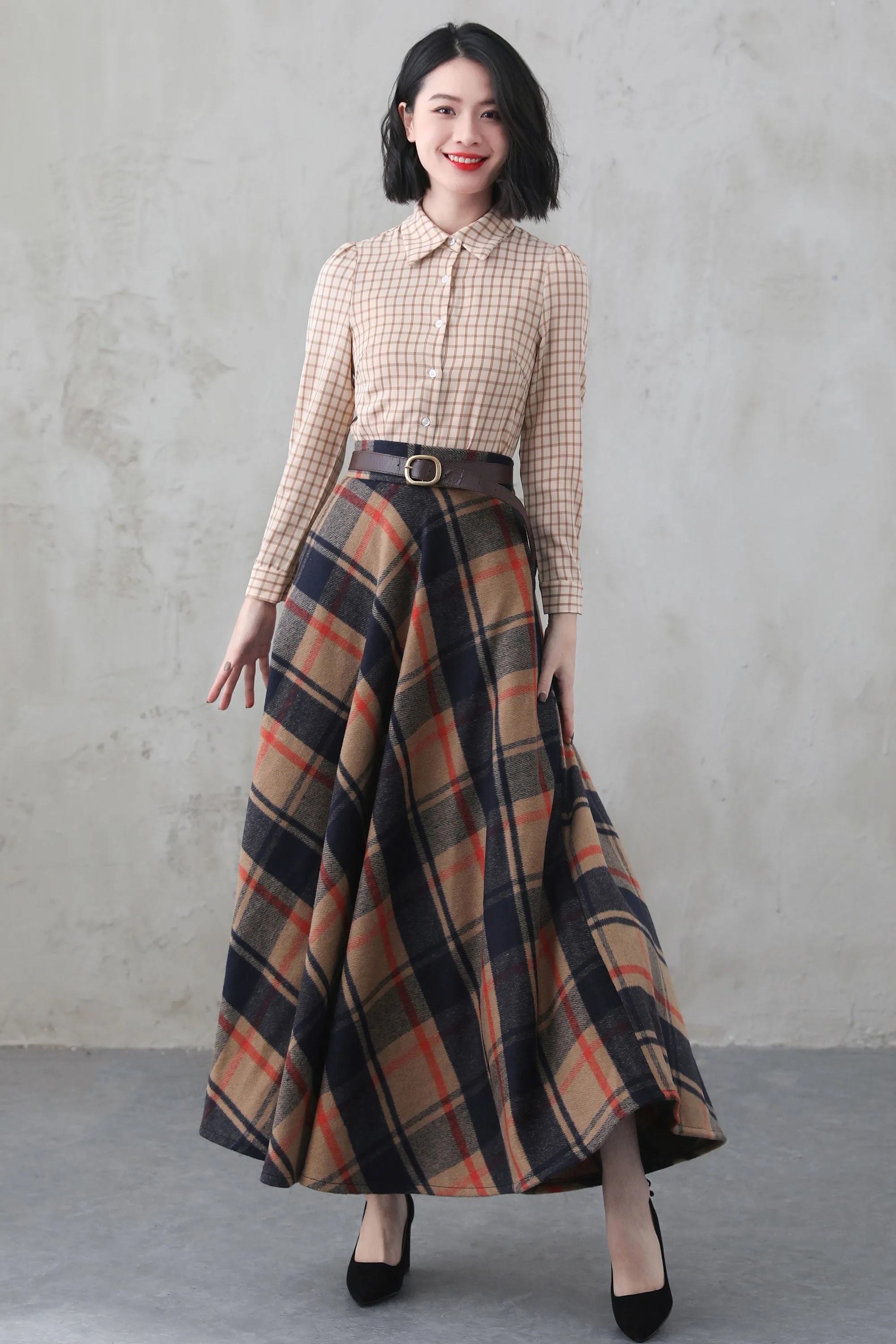 Handmade Women's Vintage Plaid Wool Long Skirt - Winter High Waist 5275