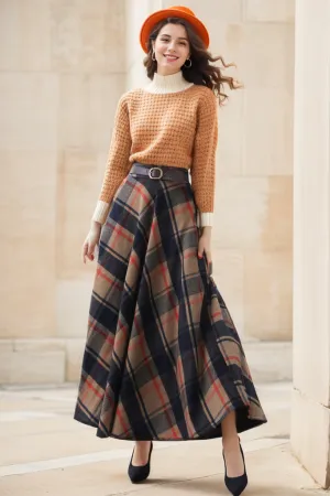 Handmade Women's Vintage Plaid Wool Long Skirt - Winter High Waist 5275