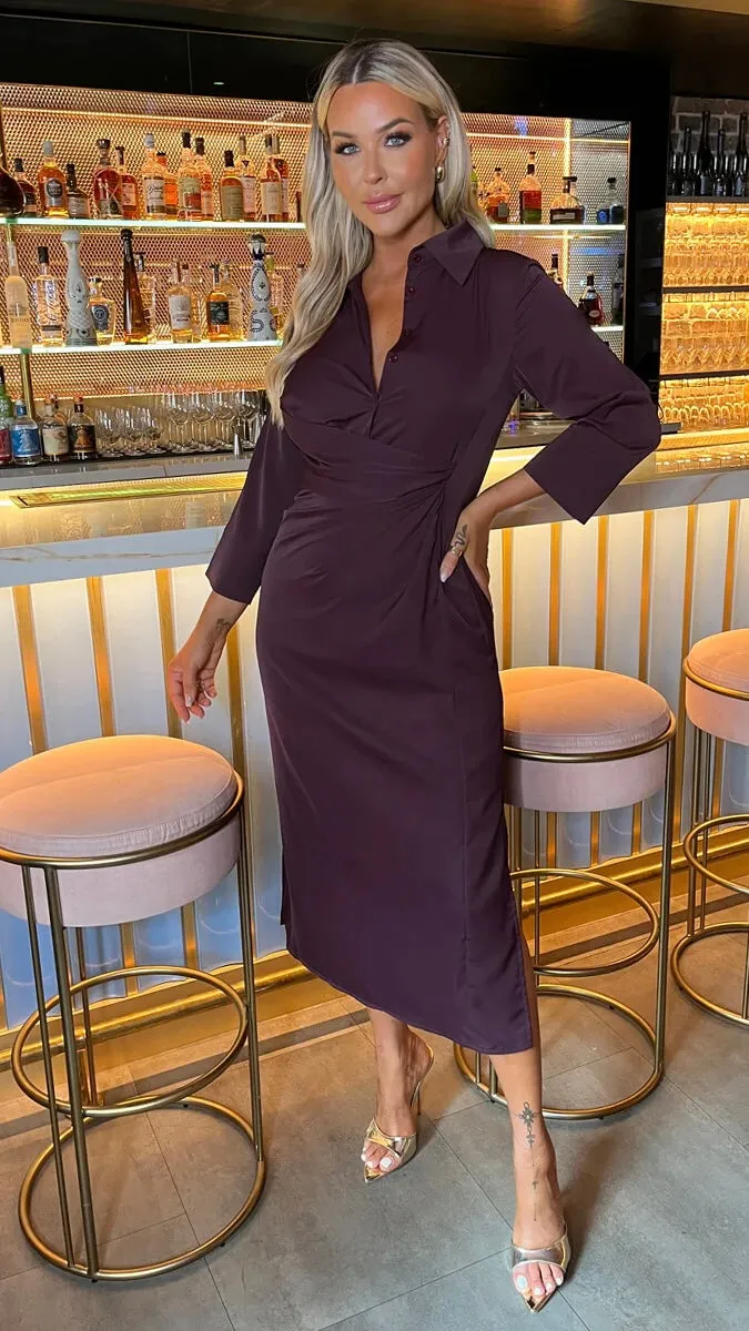 Harlyn Burgundy 3/4 Sleeve Gathered Waist Shirt Midi Dress