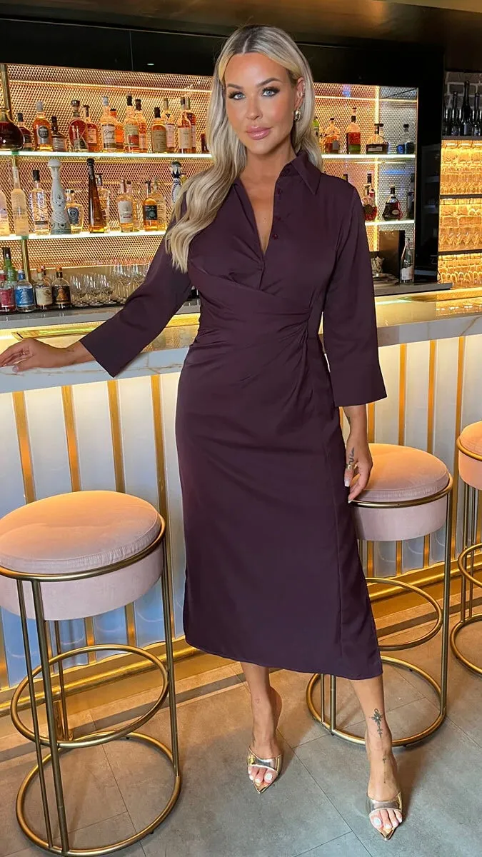 Harlyn Burgundy 3/4 Sleeve Gathered Waist Shirt Midi Dress