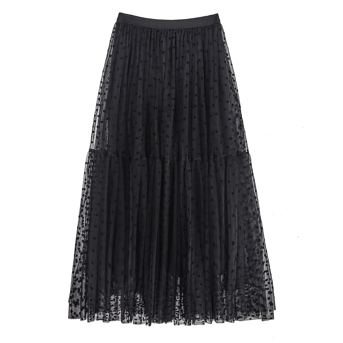 High Elastic Flocking Polka Dot Puffy Tulle Midi Skirt