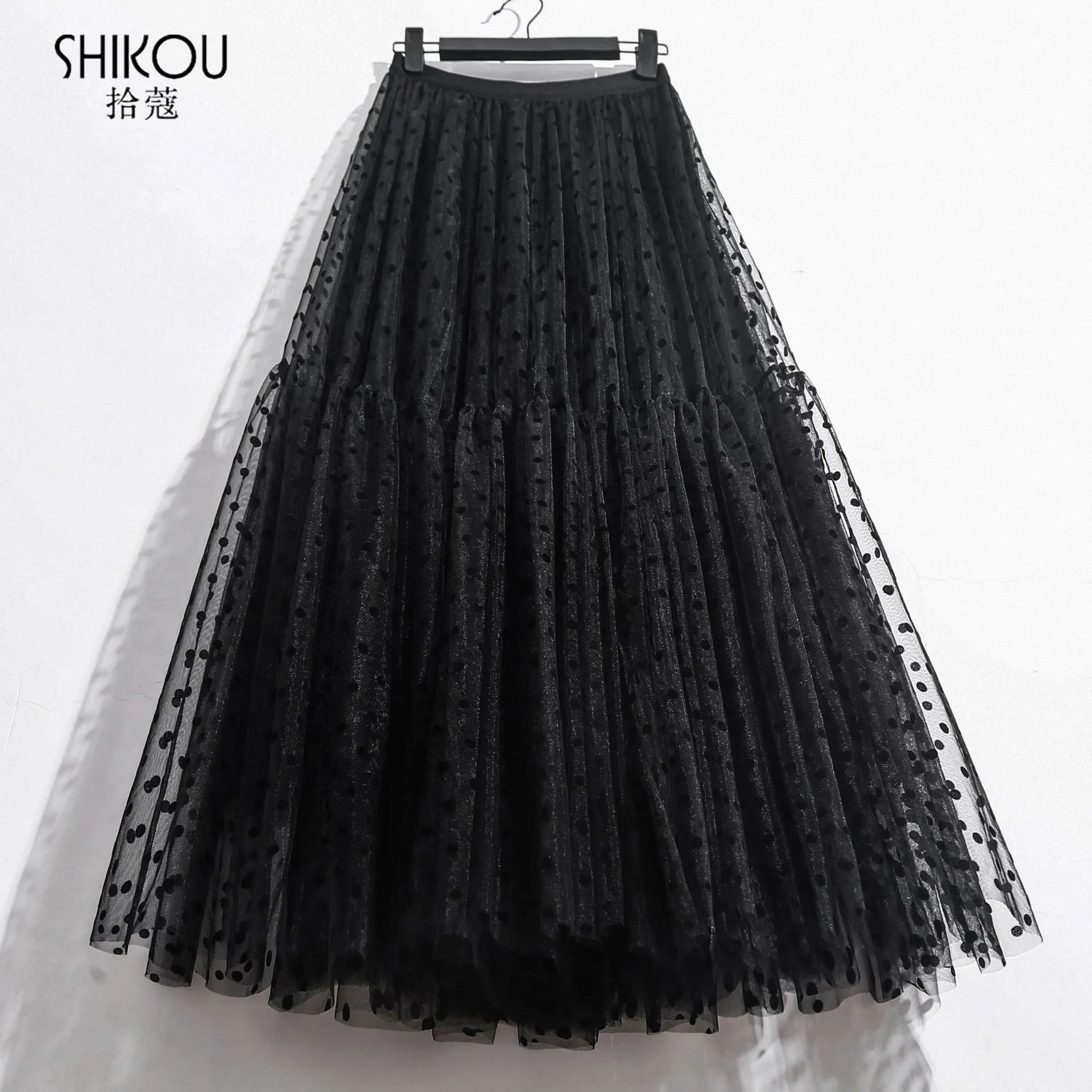 High Elastic Flocking Polka Dot Puffy Tulle Midi Skirt