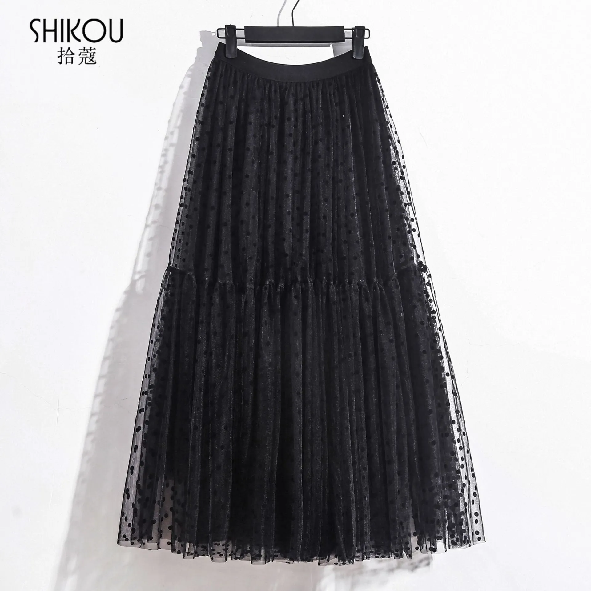 High Elastic Flocking Polka Dot Puffy Tulle Midi Skirt