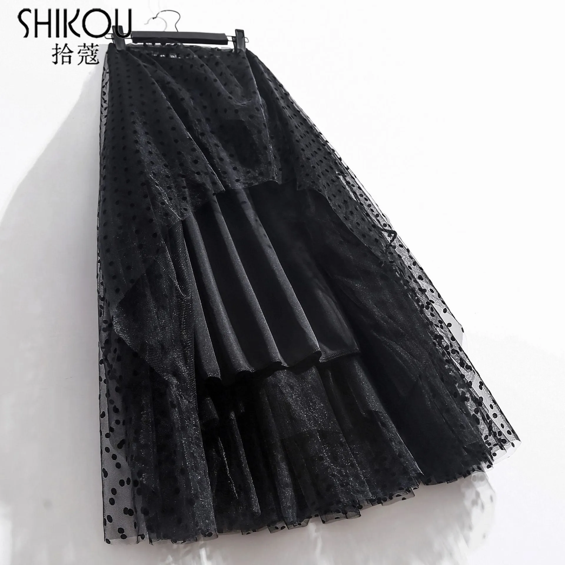 High Elastic Flocking Polka Dot Puffy Tulle Midi Skirt