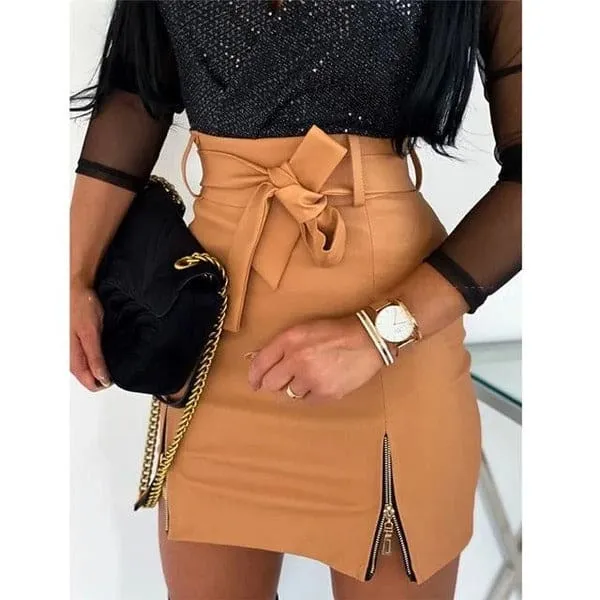 High Waist Front Split Zipped Hem Belted PU Leather Skirt