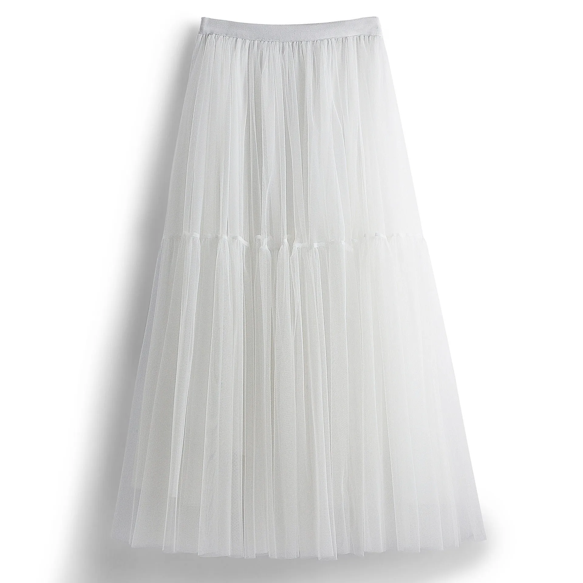 High Waist Tiered Midi A Line Tulle Skirt