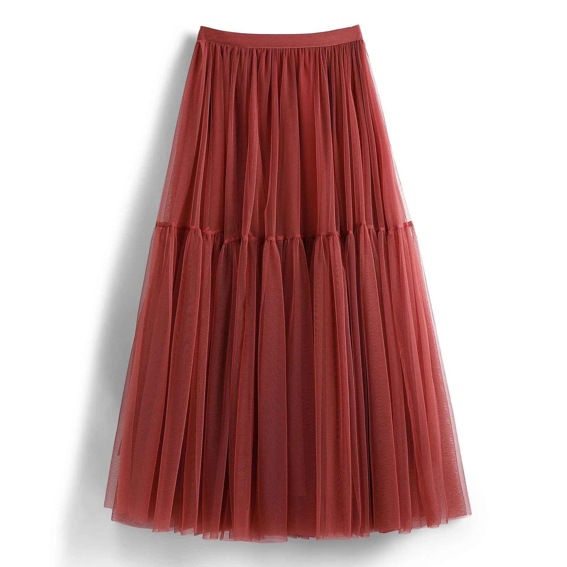 High Waist Tiered Midi A Line Tulle Skirt