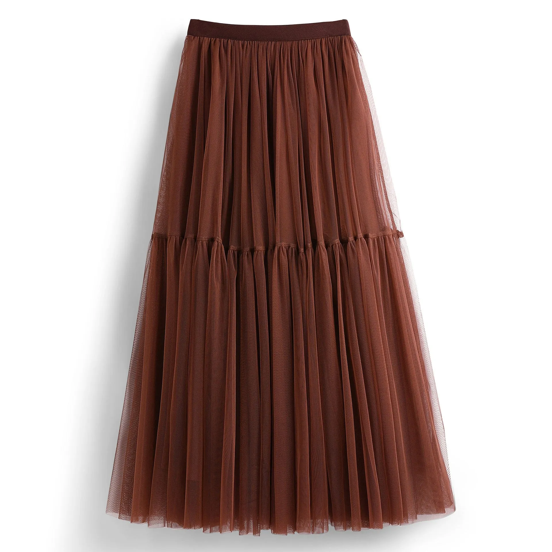 High Waist Tiered Midi A Line Tulle Skirt