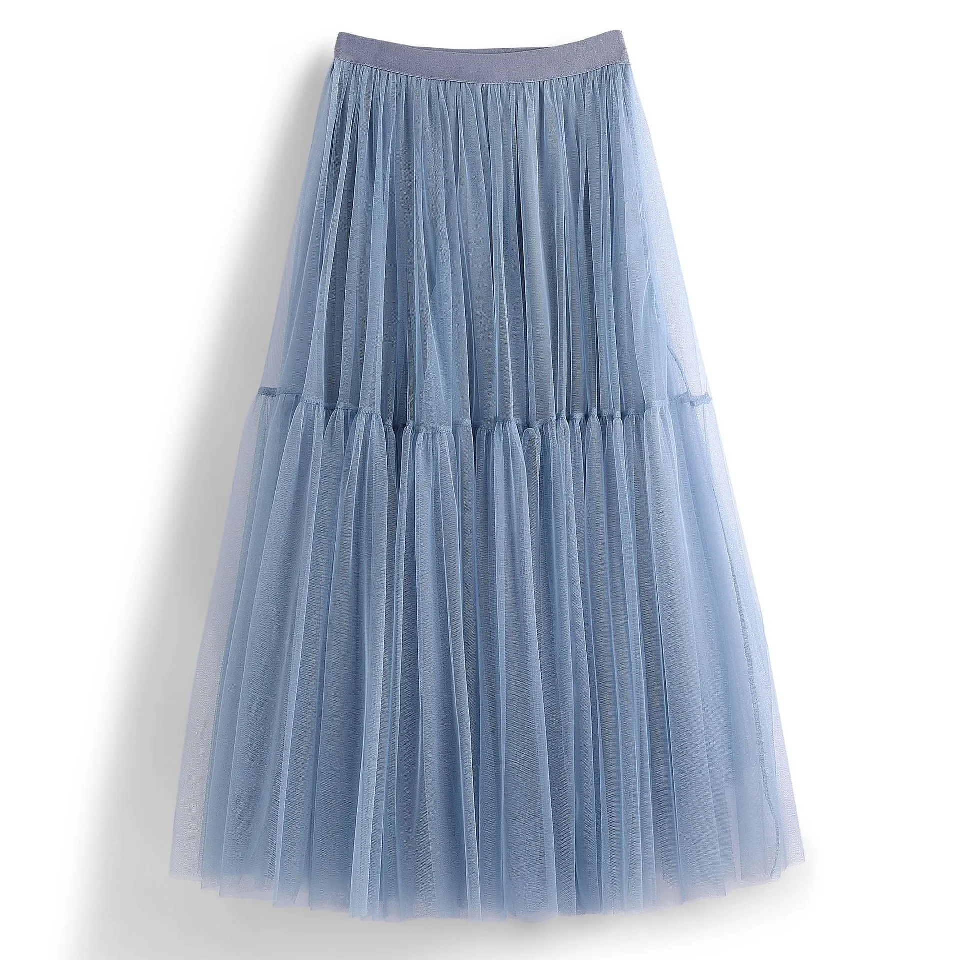 High Waist Tiered Midi A Line Tulle Skirt