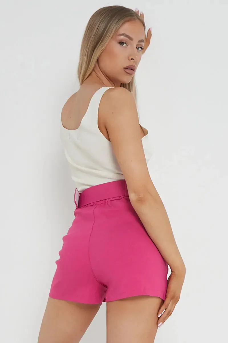 Hot Pink High Waist Pockets Belt Decor Skort