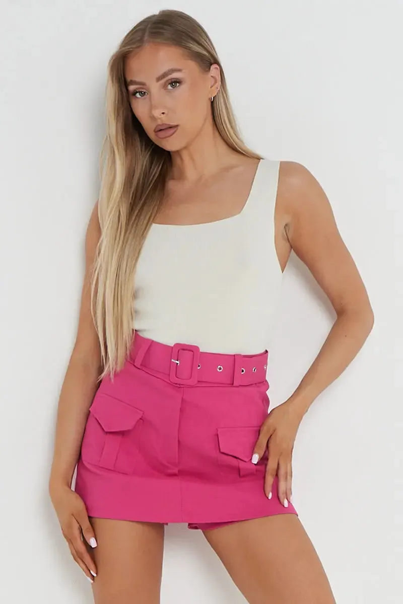 Hot Pink High Waist Pockets Belt Decor Skort