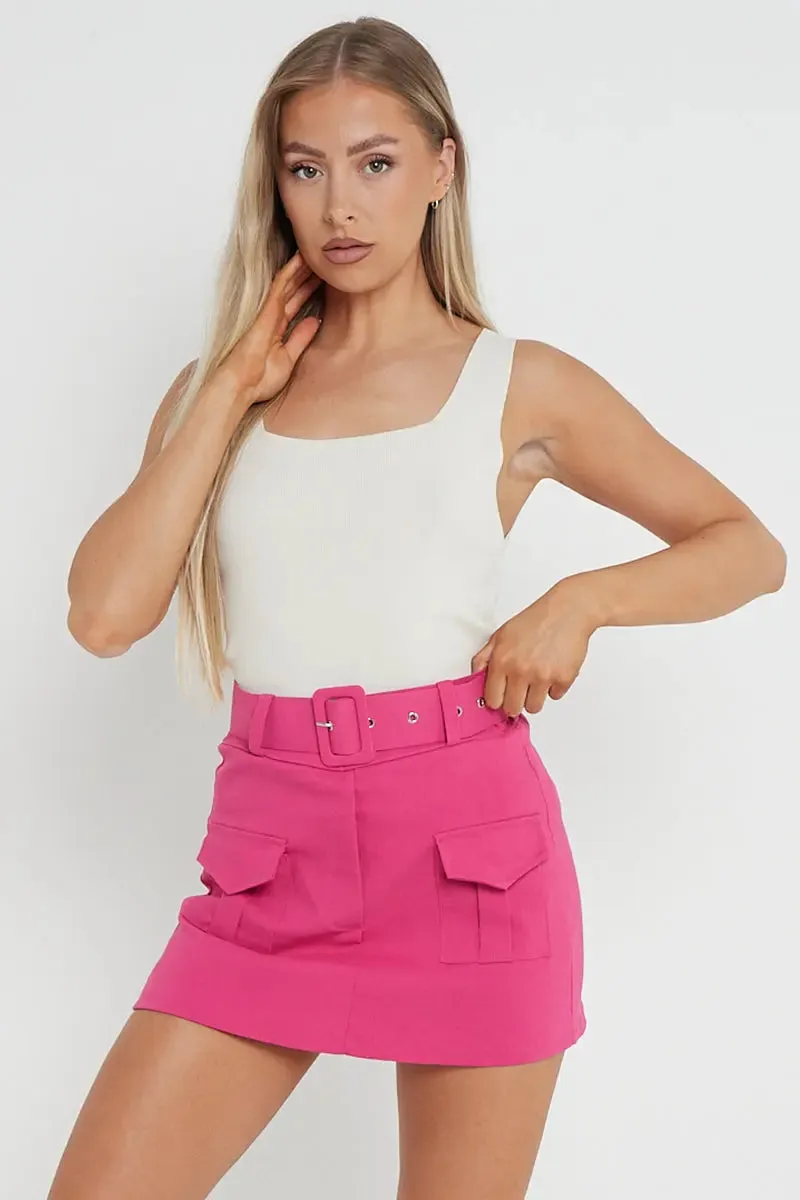 Hot Pink High Waist Pockets Belt Decor Skort