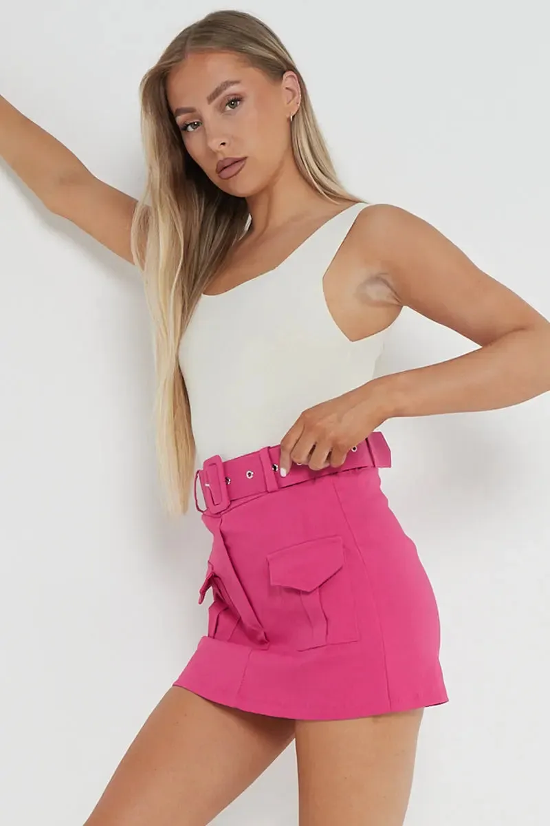 Hot Pink High Waist Pockets Belt Decor Skort