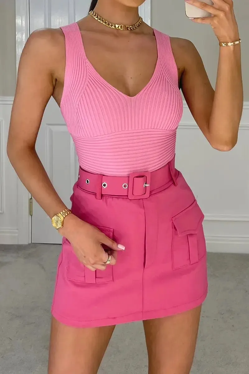 Hot Pink High Waist Pockets Belt Decor Skort