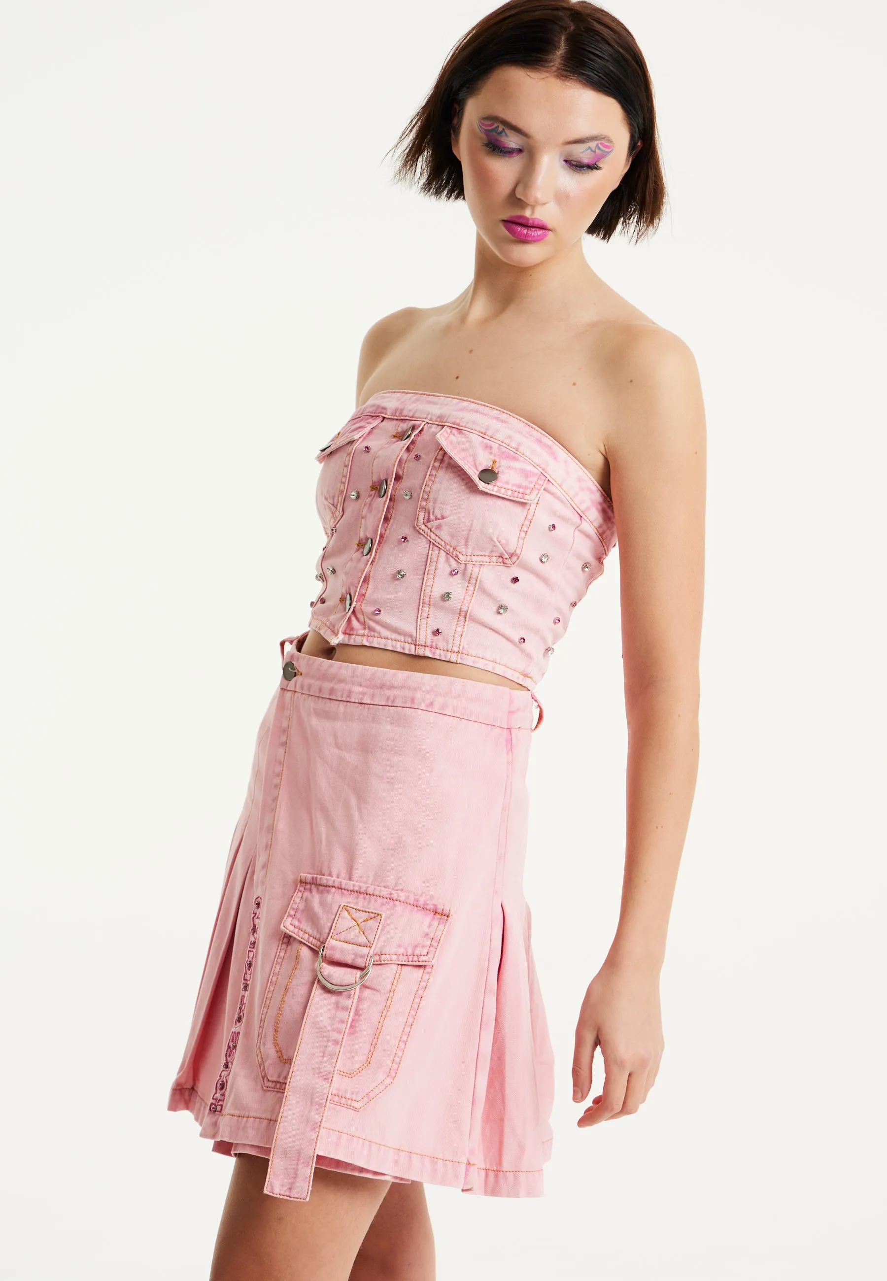 House of Holland Light Pink Denim Studded Pleated Skirt