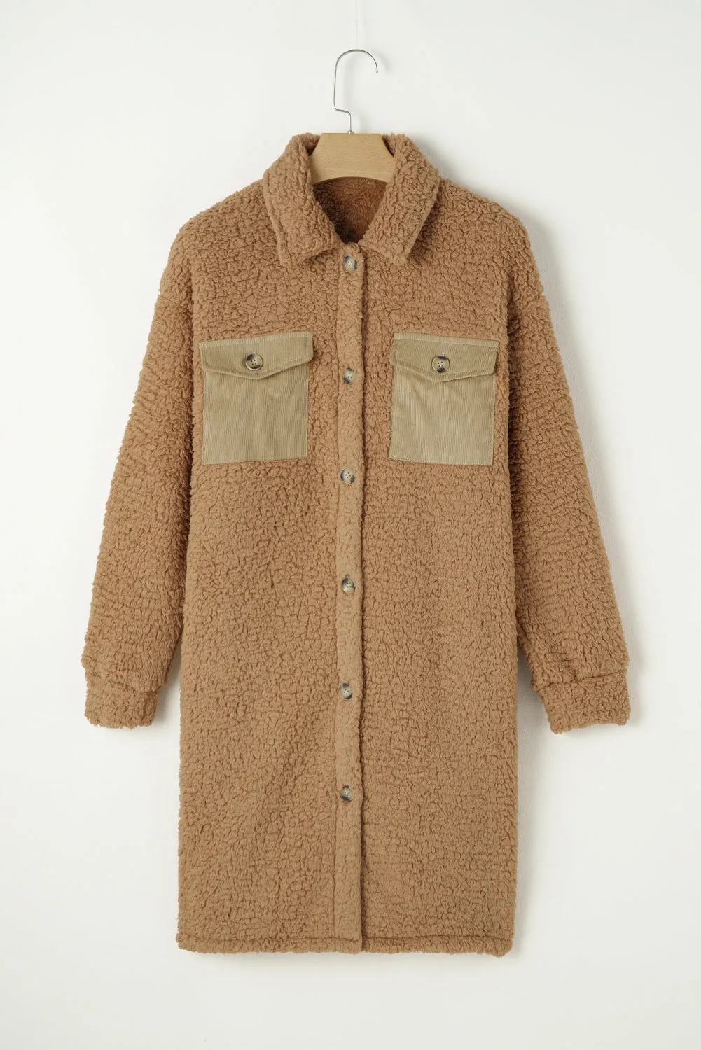 Khaki Contrast Flap Pocket Single Breasted Teddy Coat