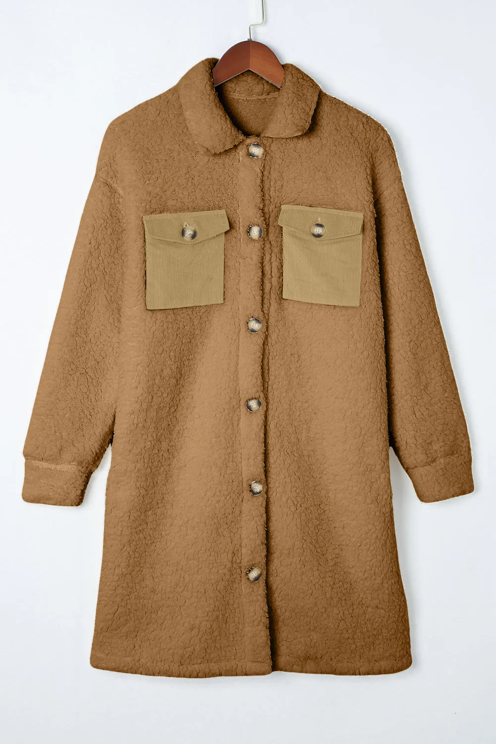 Khaki Contrast Flap Pocket Single Breasted Teddy Coat