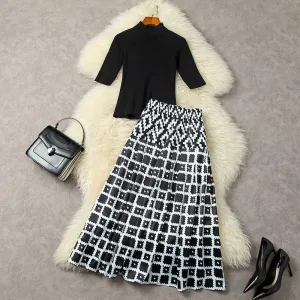 Knitted Top Print Skirt Set