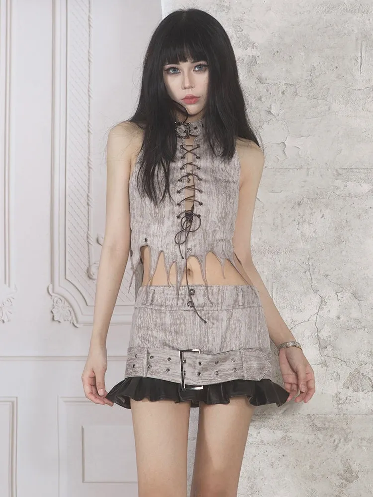 Lace-Up Belt Casual Tie-Dye Skirts＆Leg-Cover